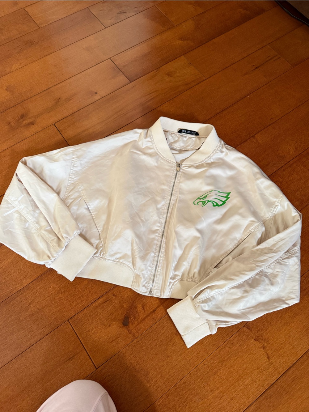 Zara ivory Cropped Bomber Jacket with custom made PHILADELPHIA EAGLES sz XL